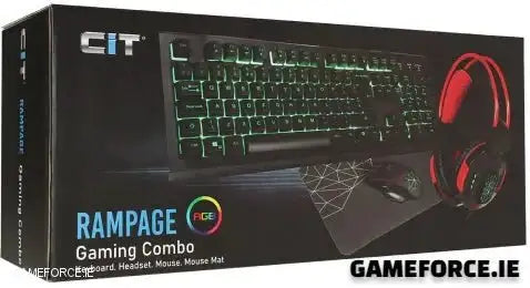 CiT Rampage RGB Gaming Combo Set showcasing keyboard, mouse, headset, and mouse pad with RGB lighting
