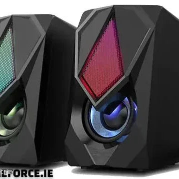PC-LINK SCREECH-K9 GM11 Desktop/Gaming PC USB Speakers on a desk, showcasing sleek and compact design for gaming setups