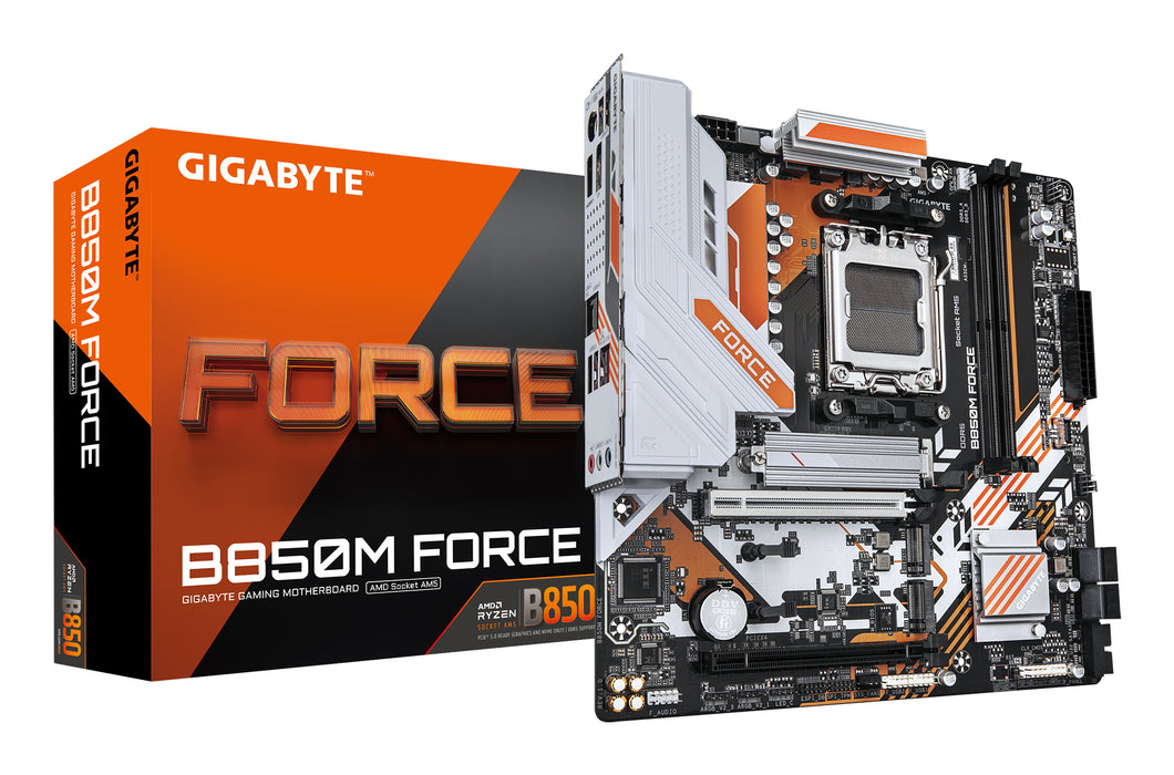 GIGABYTE B850M FORCE Motherboard - AMD Ryzen 9000 Series CPUs, 8+2+2 Phases Digital VRM, up to 9600MHz DDR5 (OC), 1xPCIe 5.0 + 2xPCIe 4.0 M.2, 2.5 GbE LAN, USB 3.2 Gen 2