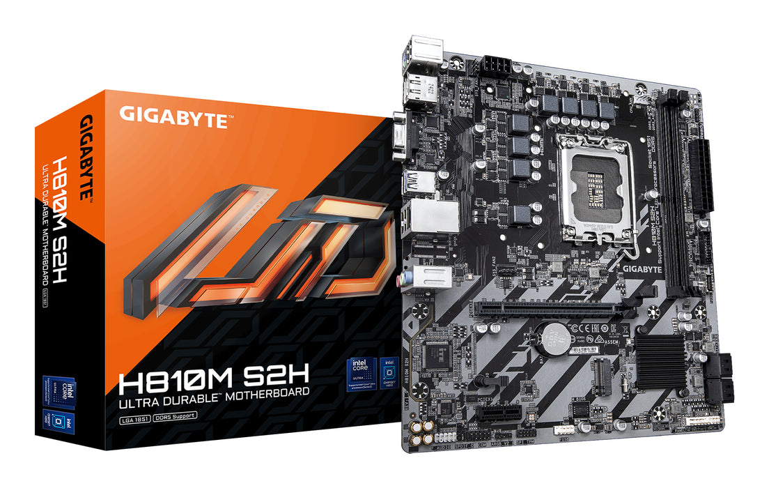 GIGABYTE H810M S2H Motherboard - Intel Core Ultra (Series 2) CPUs, 4+1+2 Phases VRM, up to 6400MHz DDR5, 1xPCIe 4.0 M.2, 1GbE LAN, USB 3.2 Gen 1