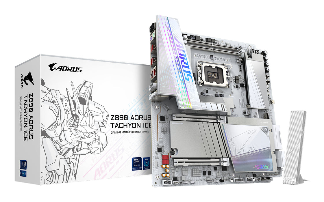 GIGABYTE Z890 AORUS TACHYON ICE Motherboard - Supports Intel Core Ultra (Series 2) CPUs, 18+1+2 phases VRM, up to 9500MHz DDR5 (O.C), 1xPCIe 5.0 + 3xPCIe 4.0, Wi-Fi 7, 5GbE LAN, USB 3.2 Gen 2x2