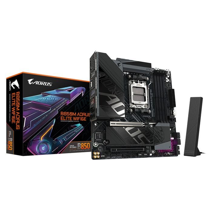 GIGABYTE B850M AORUS ELITE WIFI6E Motherboard - AMD Ryzen 9000 Series CPUs, 12+2+2 Phases Digital VRM, up to 8200MHz DDR5 (OC), 1xPCIe 5.0 + 1xPCIe 4.0 M.2, WIFI 6E, 2.5GbE LAN, USB 3.2 Gen 2