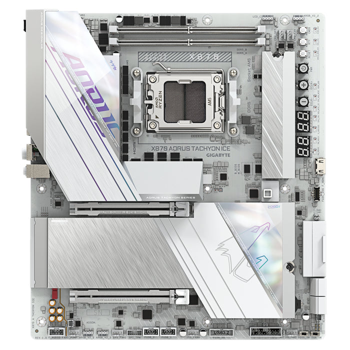 GIGABYTE X870 AORUS TACHYON ICE Motherboard - Supports AMD Ryzen 9000 CPUs, 18+2+2 Phases Digital VRM, up to 9600Hz DDR5 (OC), 1xPCIe 5.0 + 2xPCIe 4.0, Wi-Fi 7, 5 GbE LAN, USB 4