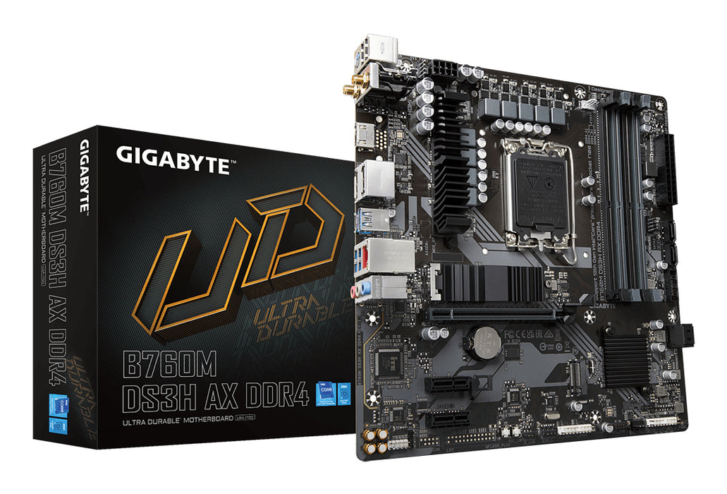 GIGABYTE B760M DS3H AX DDR4 Motherboard - Supports Intel Core 14th Gen CPUs, 6+2+1 Phases Digital VRM, up to 5333MHz DDR4 (OC), 2xPCIe 4.0 M.2, Wi-Fi 6E, 2.5GbE LAN, USB 3.2 Gen2
