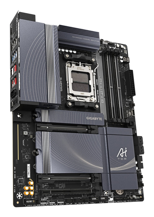 GIGABYTE B850 AI TOP Motherboard - AMD Ryzen 9000 Series CPUs, 16+2+2 Phases Digital VRM, up to 8600MHz DDR5 (OC), 2xPCIe 5.0 + 1xPCIe 4.0 M.2, 10 LAN, WIFI 7, USB 3.2 Gen 2x2