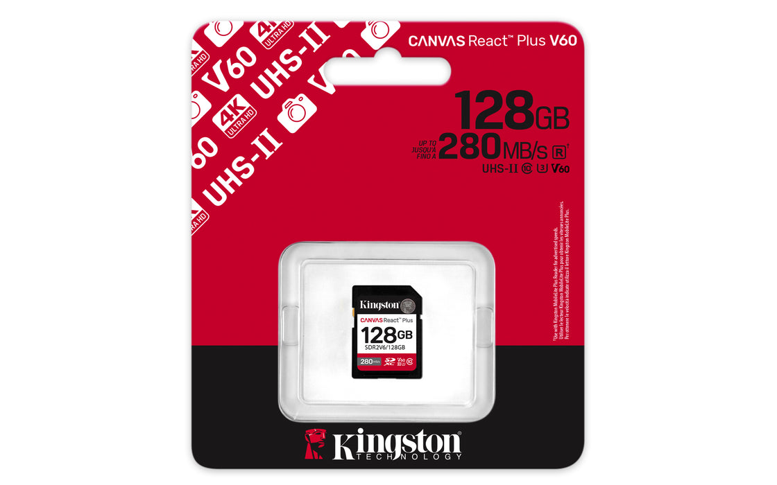 Kingston Technology 128GB Canvas React Plus SDXC UHS-II 280R/100W U3 V60 for Full HD/4K