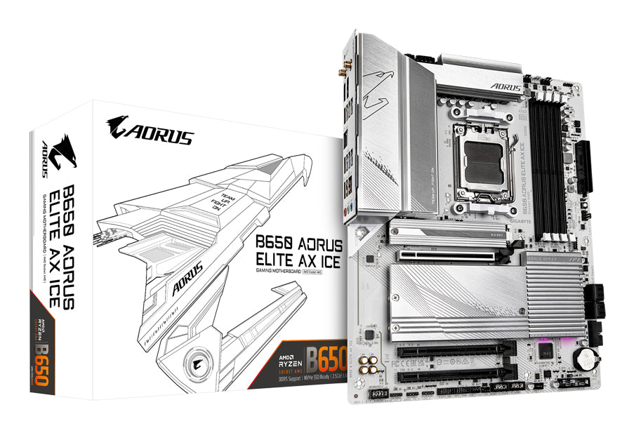GIGABYTE B650 AORUS ELITE AX ICE Motherboard - Supports AMD Ryzen 9000 CPUs, 12+2+2 Phases Digital VRM, up to 8000MHz DDR5 (OC), 1xPCIe 5.0 + 2xPCIe 4.0 M.2, Wi-Fi 6E, 2.5GbE LAN, USB 3.2 Gen 2x2