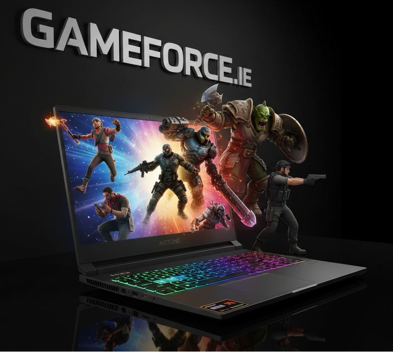 Gaming laptop with colorful display and 'GAMEFORCE.IE' branding on a dark background