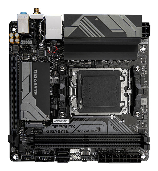 GIGABYTE A620I AX Motherboard - Supports AMD Ryzen 8000 CPUs, 5+2+1 Phases Digital VRM, up to 6400MHz DDR5 (OC), 1xPCIe 4.0 M.2, Wi-Fi 6E, 2.5GbE LAN, USB 3.2 Gen 2