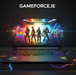 Gaming laptop with colorful display on a dark surface, featuring 'GAMEFORCE.IE' branding.